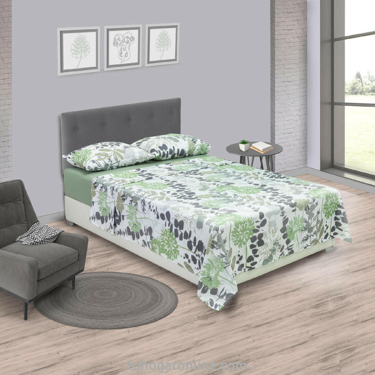 Juego de Sábanas Marsella Floral Gris y Verde Microfibra. - SABANAS | Bylmo