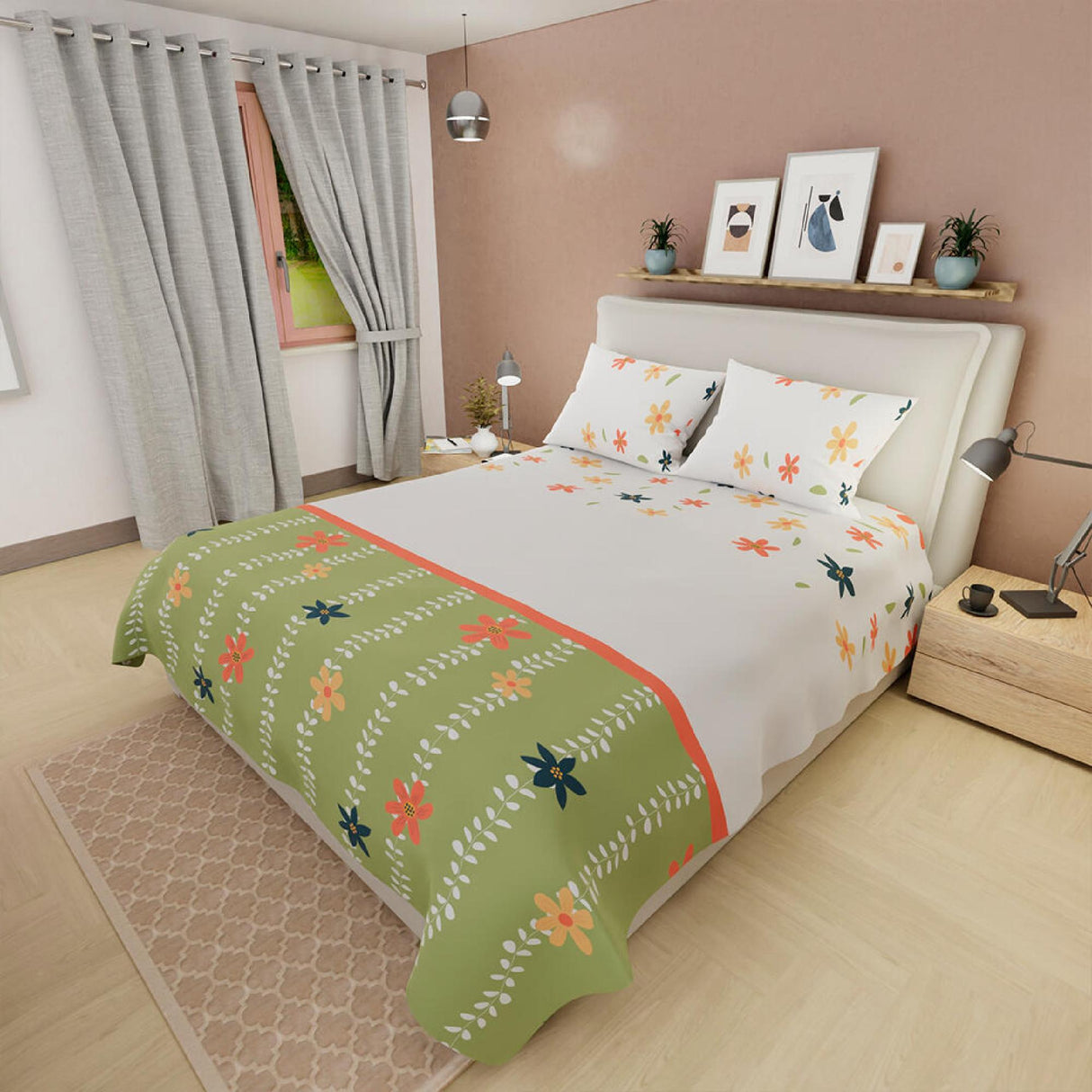 Juego de Sabanas Basic Moderno Doble Blanco Verde 180 hilos - Sabanas | Bylmo