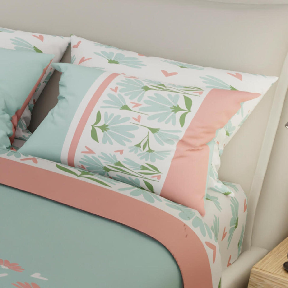 Juego de Sabanas Basic VerdeRosadoBlanco 10 Colores y Diseños 4 Fundas Suavidad Microfibra Queen 160x190cm - Sabanas | Bylmo