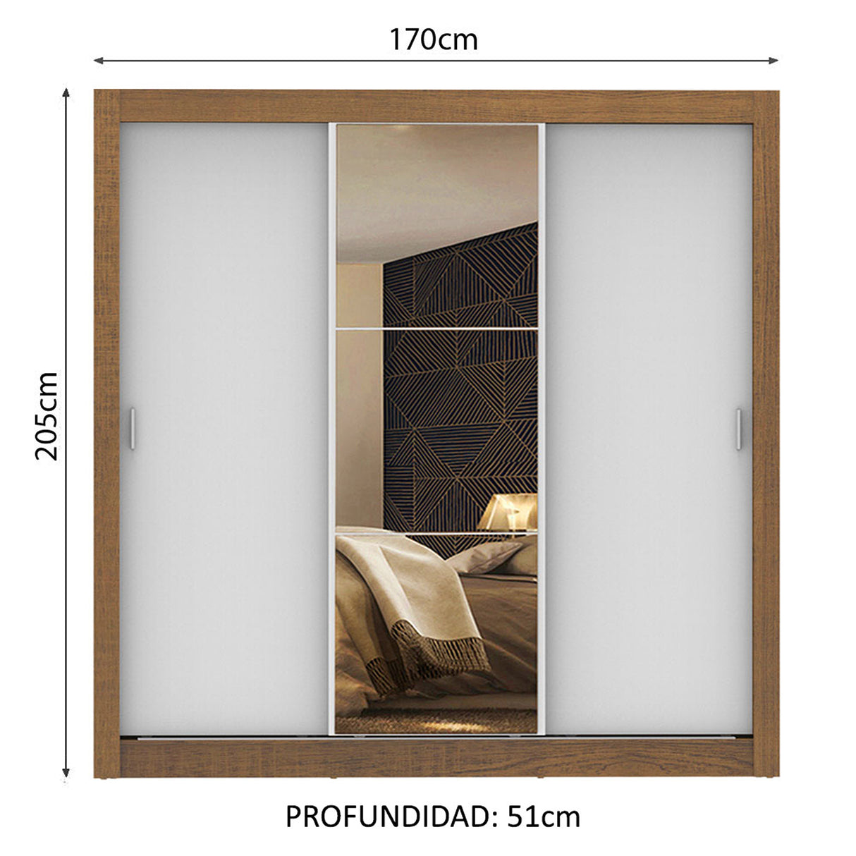 Closet Mônaco Marron y Blanco 210x21.4cm con Cuatro Entrepaños Tres Puertas y Con Espejo - CLOSETS | Bylmo