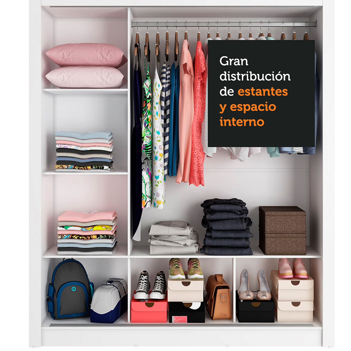 Closet Mônaco Blanco y Negro 210x25.7cm con Cuatro Entrepaños Tres Puertas y Con Espejo - CLOSETS | Bylmo