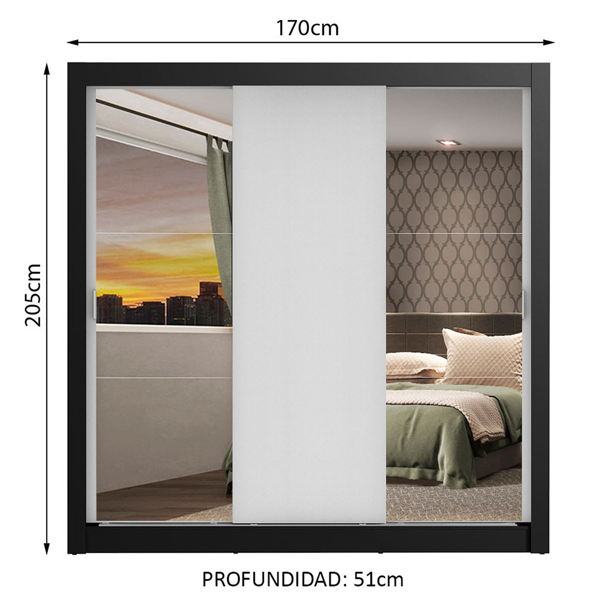 Closet Mônaco Negro y Blanco 210x25.7cm con Cuatro Entrepaños Tres Puertas y Con Espejo - CLOSETS | Bylmo
