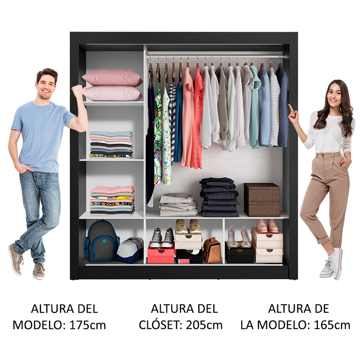 Closet Mônaco Negro y Blanco 210x25.7cm con Cuatro Entrepaños Tres Puertas y Con Espejo - CLOSETS | Bylmo
