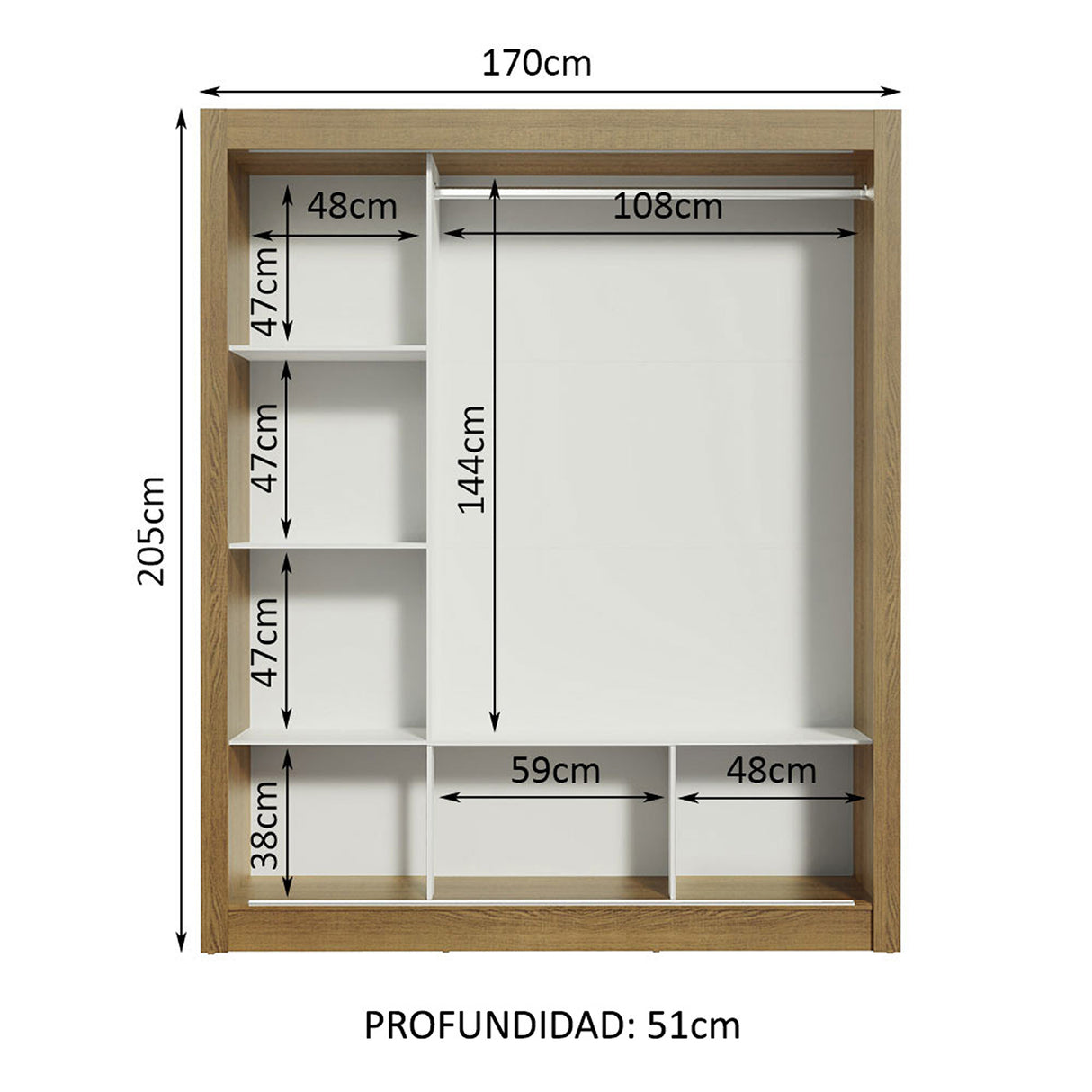 Closet Mônaco Marron y Negro 210x17.1cm con Cuatro Entrepaños y Tres Puertas - CLOSETS | Bylmo