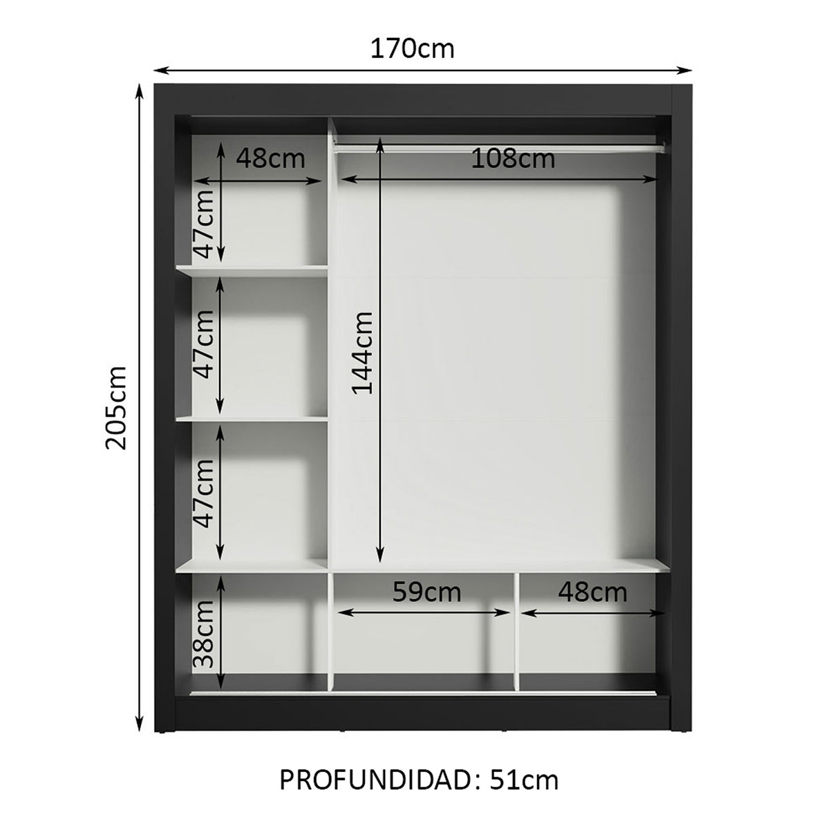 Closet Mônaco Negro 210x21.4cm con Cuatro Entrepaños Tres Puertas y Con Espejo - CLOSETS | Bylmo