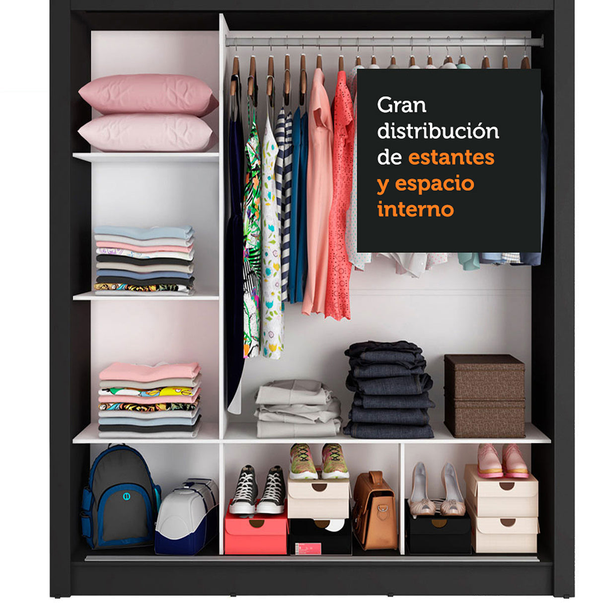 Closet Mônaco Negro y Marron 210x25.7cm con Cuatro Entrepaños Tres Puertas y Con Espejo - CLOSETS | Bylmo