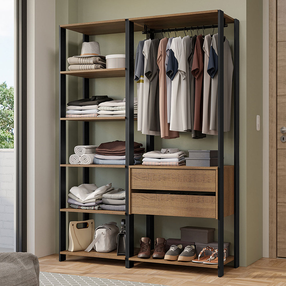 Closet Abierto Valencia Marron y Negro 70x180cm con Seis Entrepaños - CLOSETS | Bylmo