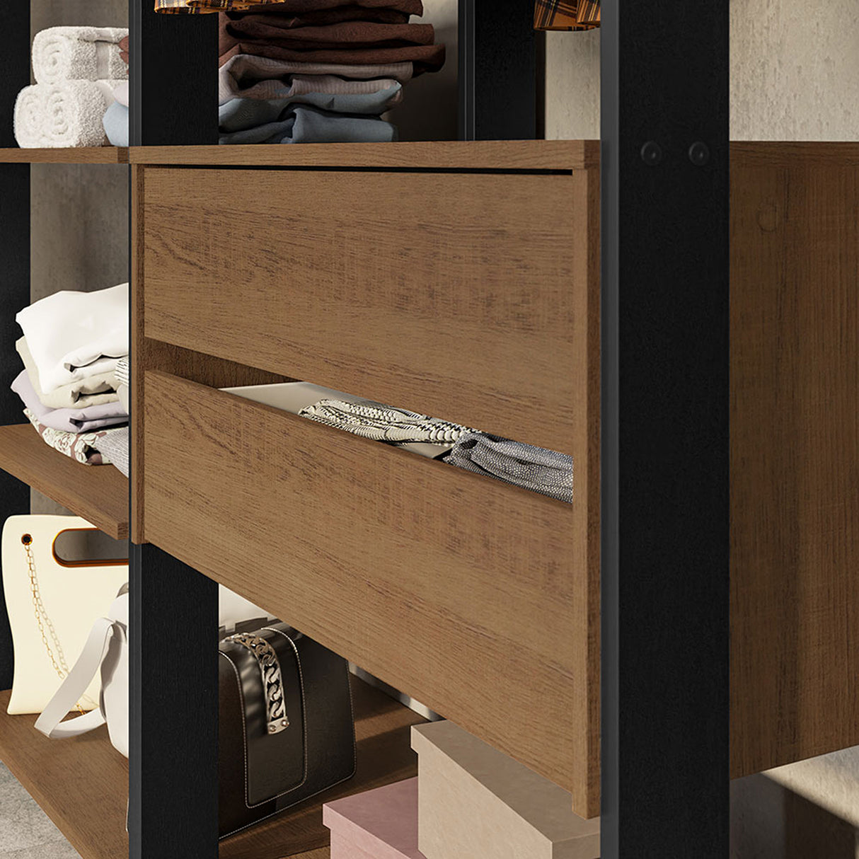 Closet Abierto Valencia Marron y Negro 358x180cm con Diez Entrepaños - CLOSETS | Bylmo