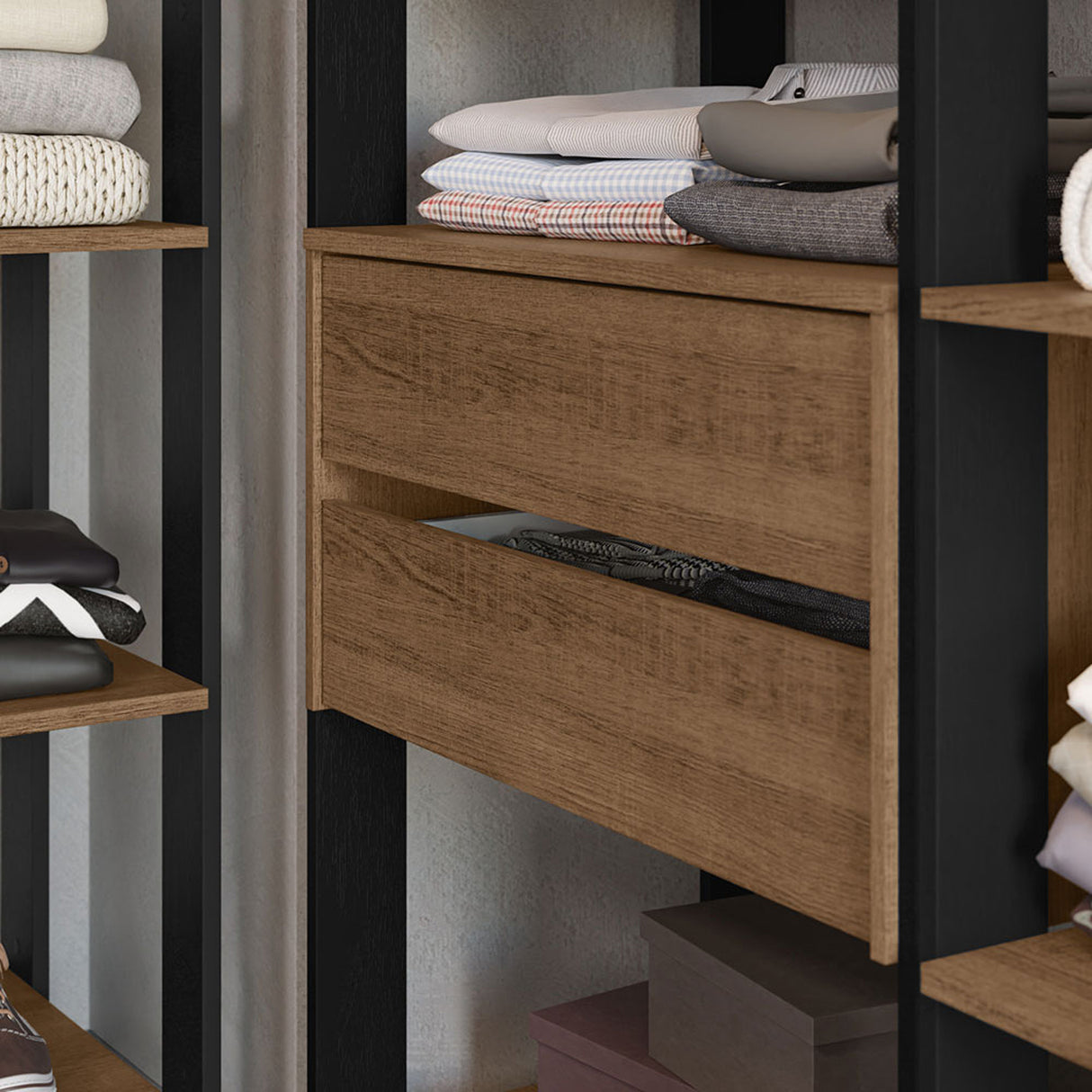 Closet Abierto Valencia Marron y Negro 417x180cm con Diez Entrepaños - CLOSETS | Bylmo