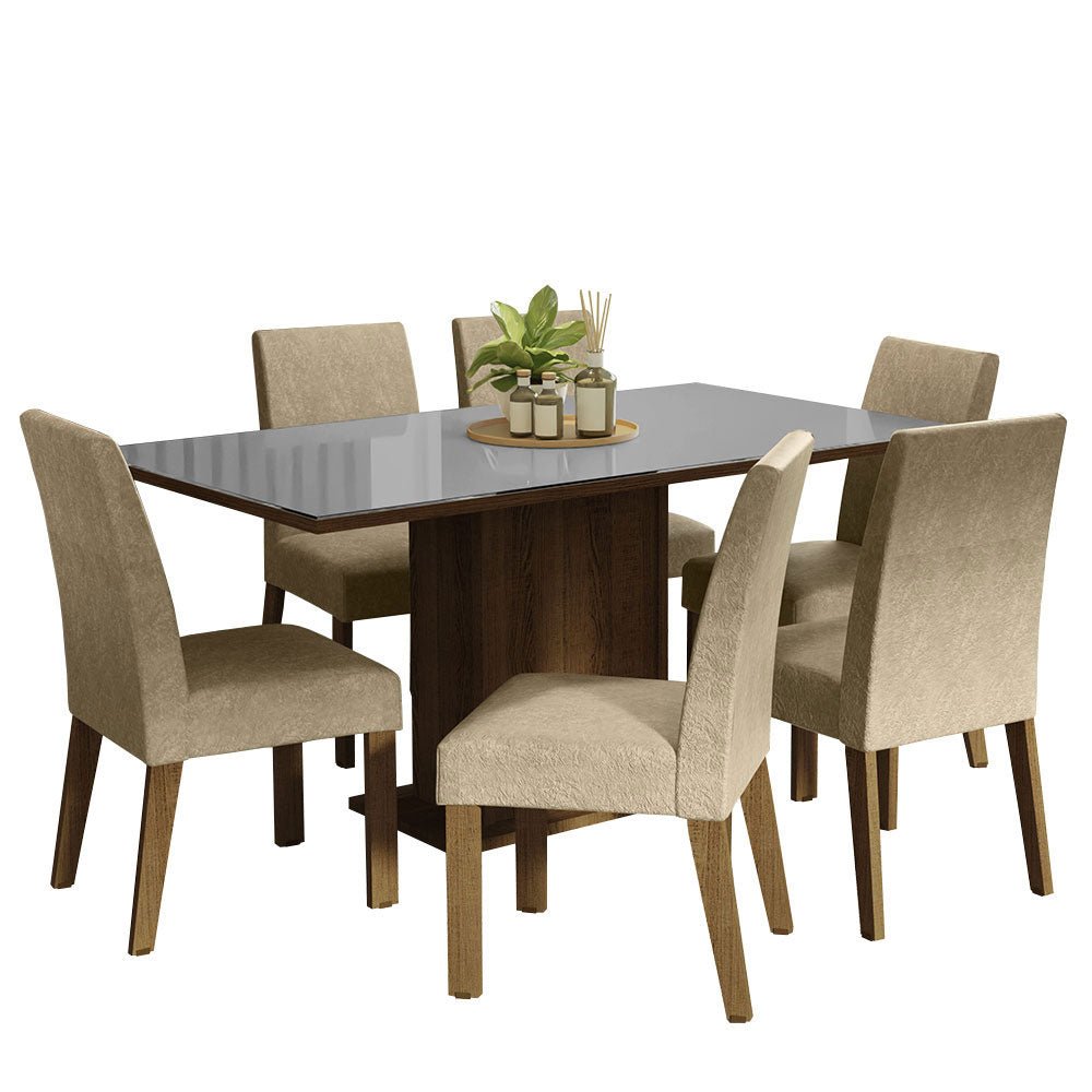 Combo Comedor y Sillas Alexis Marron y Gris 160x80cm Cuadrado de Seis Puestos con Seis Sillas - COMEDORES | Bylmo