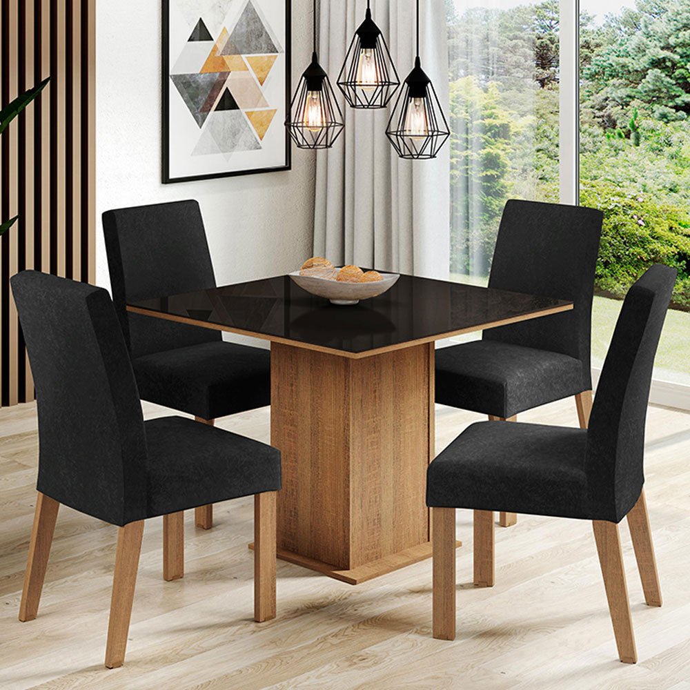 Combo Comedor y Sillas Evelin Marron y Negro Oxford 90x78cm Cuadrado de Cuatro Puestos con Cuatro Sillas - COMEDORES | Bylmo
