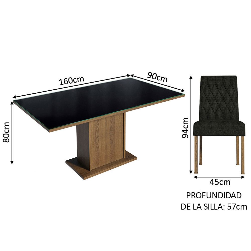 Combo Comedor y Sillas Geórgia Marron y Negro Oxford 160x80cm Cuadrado de Seis Puestos con Seis Sillas - COMEDORES | Bylmo