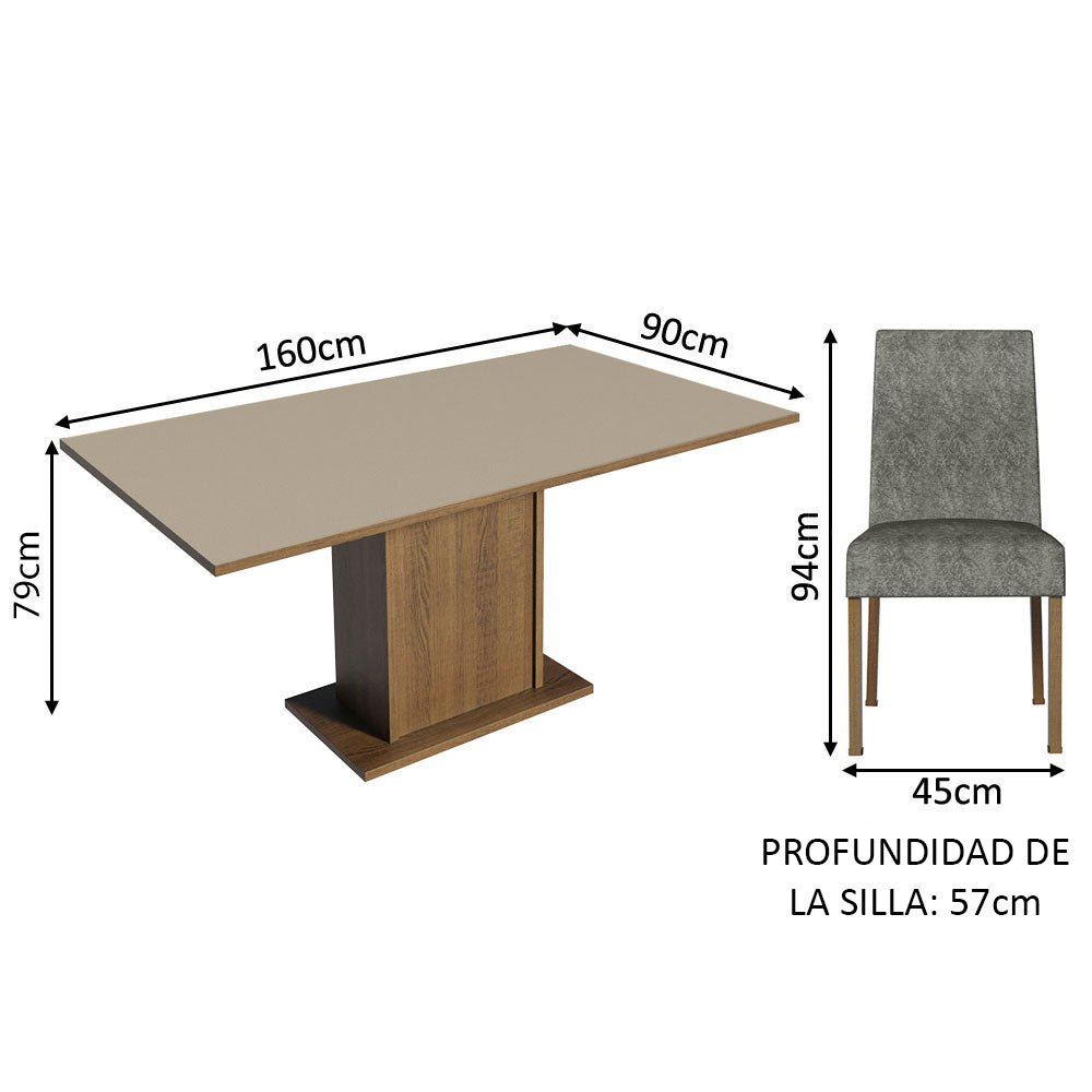 Combo Comedor y Sillas Keila Marron con Crema y Plata 160x79cm Cuadrado de Cuatro Puestos con Cuatro Sillas - COMEDORES | Bylmo