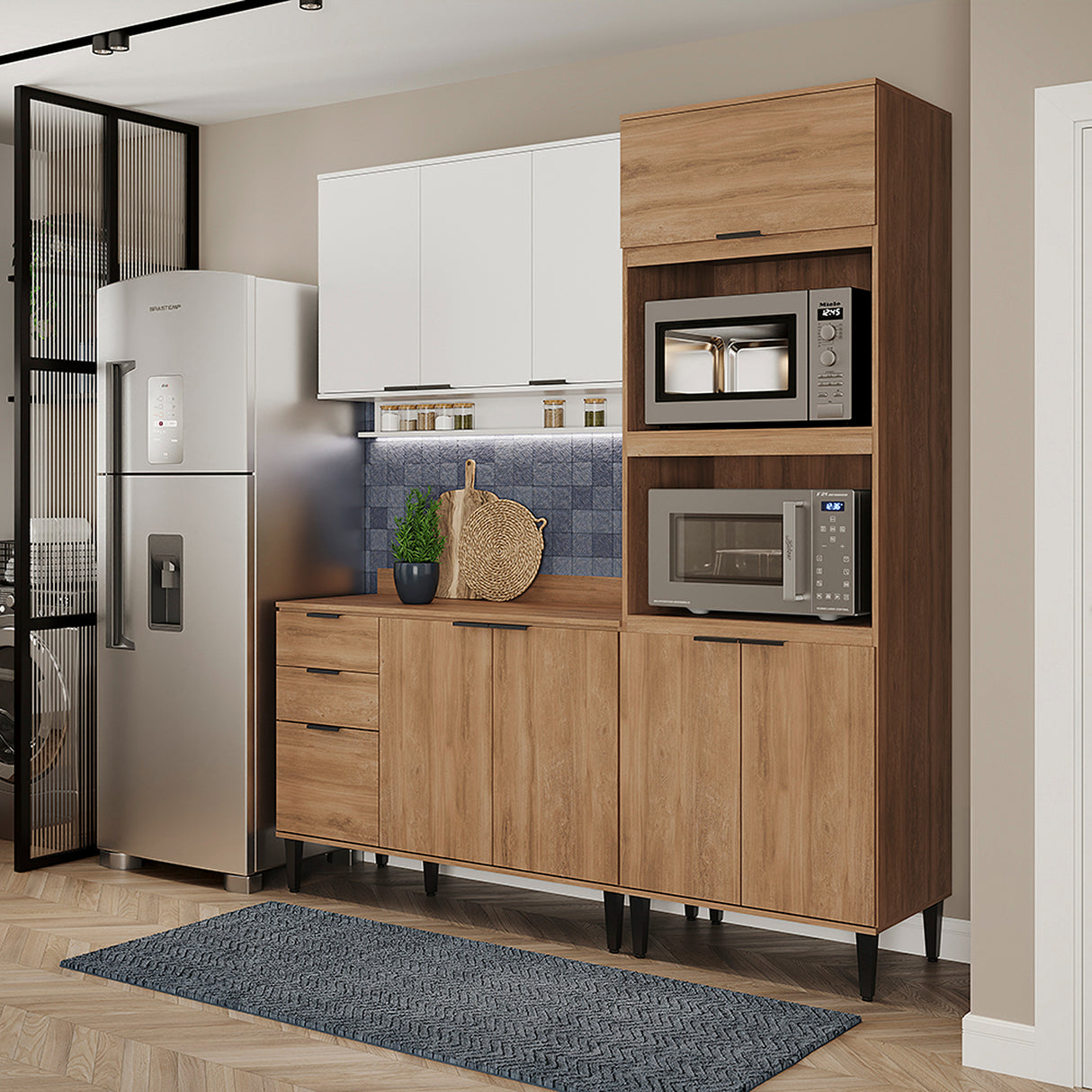 Cocina Integral Alpha Blanco y Freijo 120x80cm Con Mesón y Alacena Freijo Modular - COCINAS | Bylmo