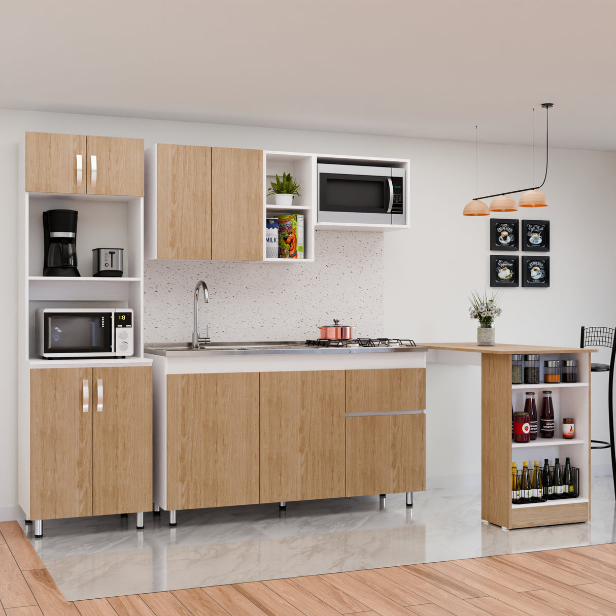 Cocina Integral Rosy Rovere 150x190cm Con Mesón y con Estufa y Barra Auxiliar Lado Derecho - COCINAS | Bylmo
