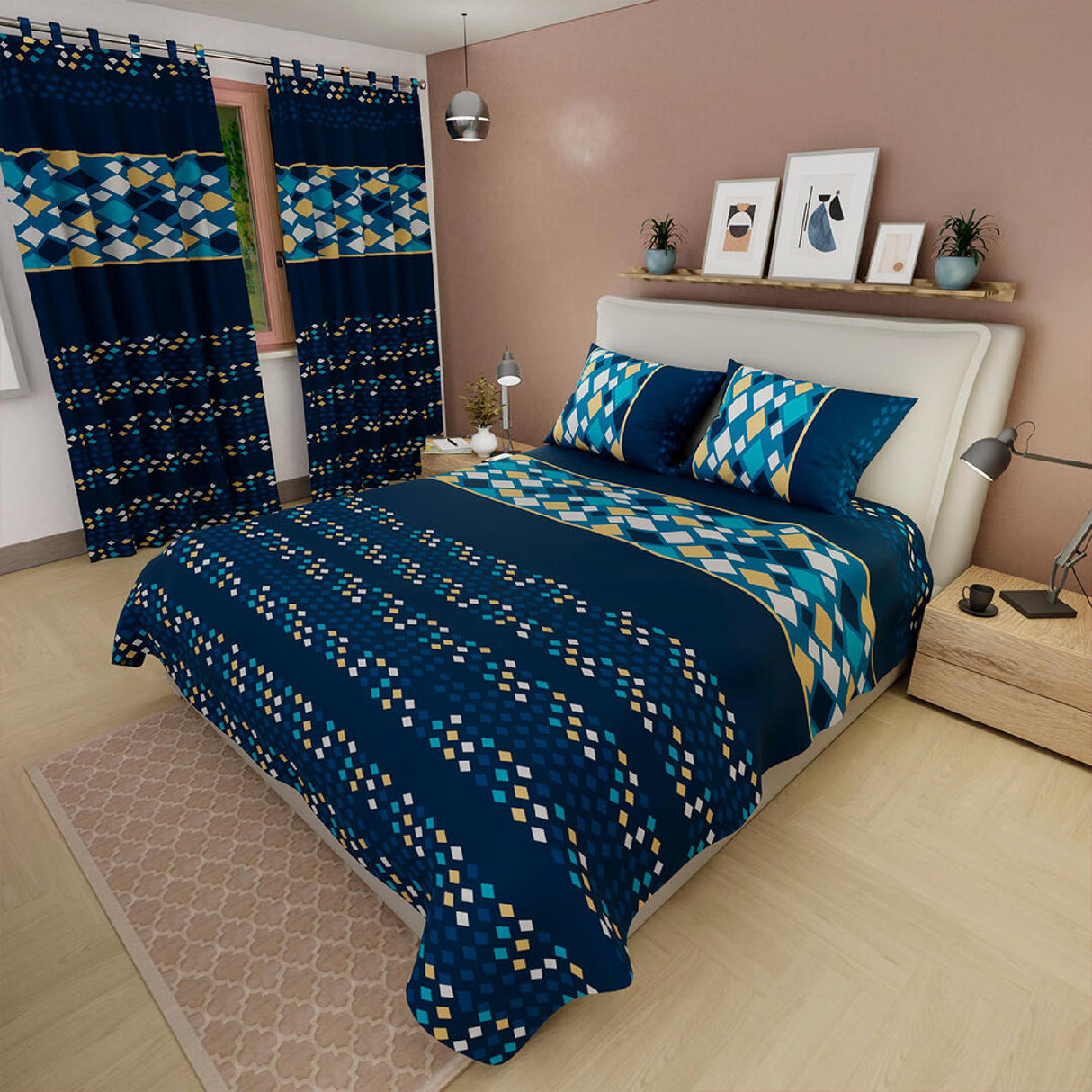 Juego de Sábanas Rombos Azul Oscuro Para Cama Doble 140 X 190 Cm - SABANAS | Bylmo