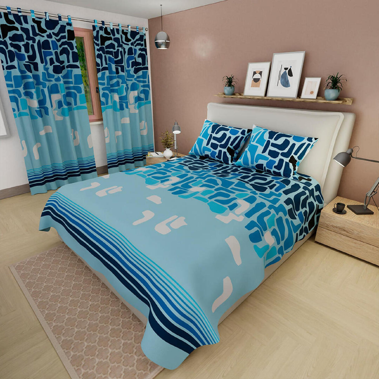 Combo Juego de Sabanas y Cortina Piedras Azul Para Cama Doble 140 X 190 Cm - SABANAS | Bylmo
