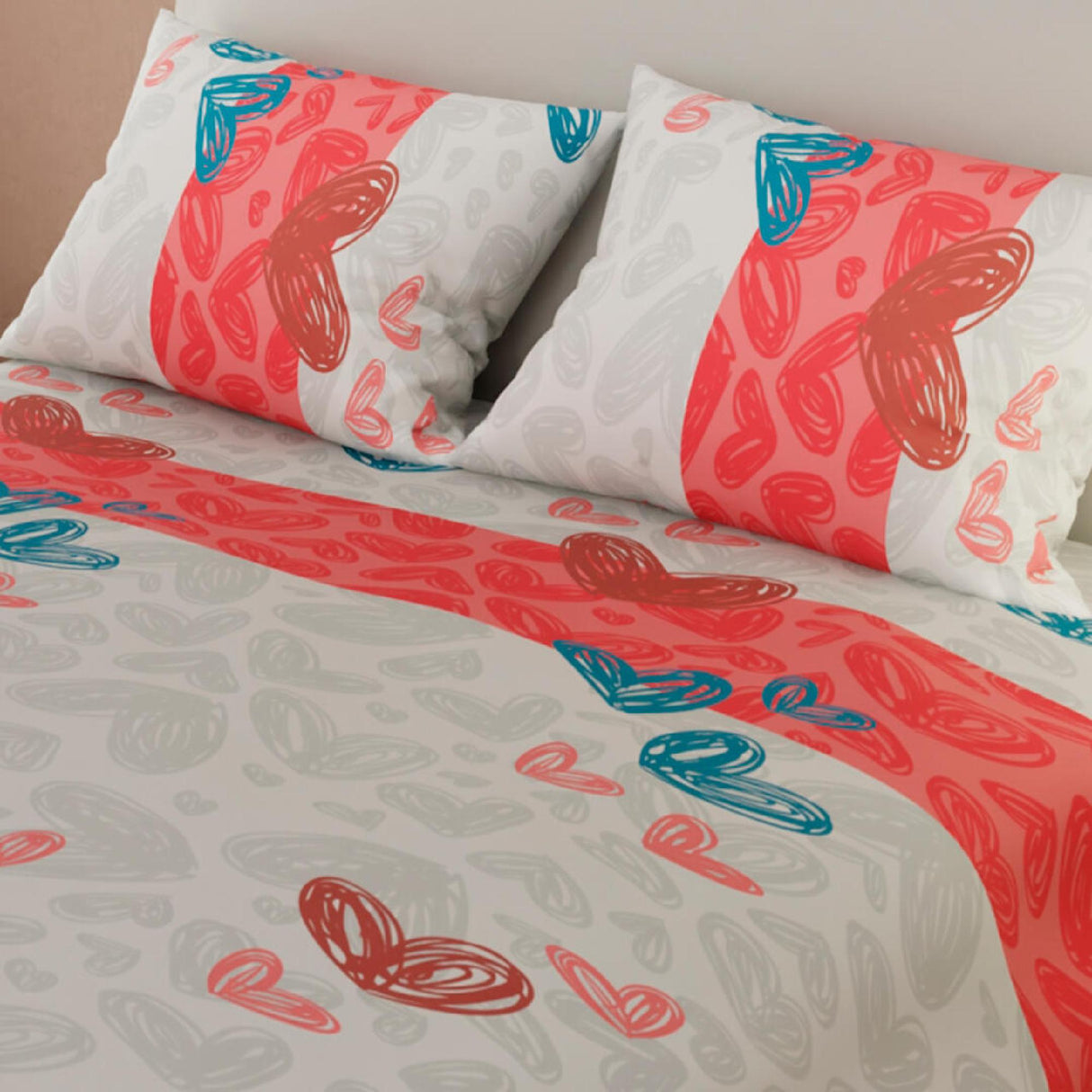 Juego de Sábanas Corazones Gris y Rojo Para cama Sencilla 100 X 190 Cm - SABANAS | Bylmo