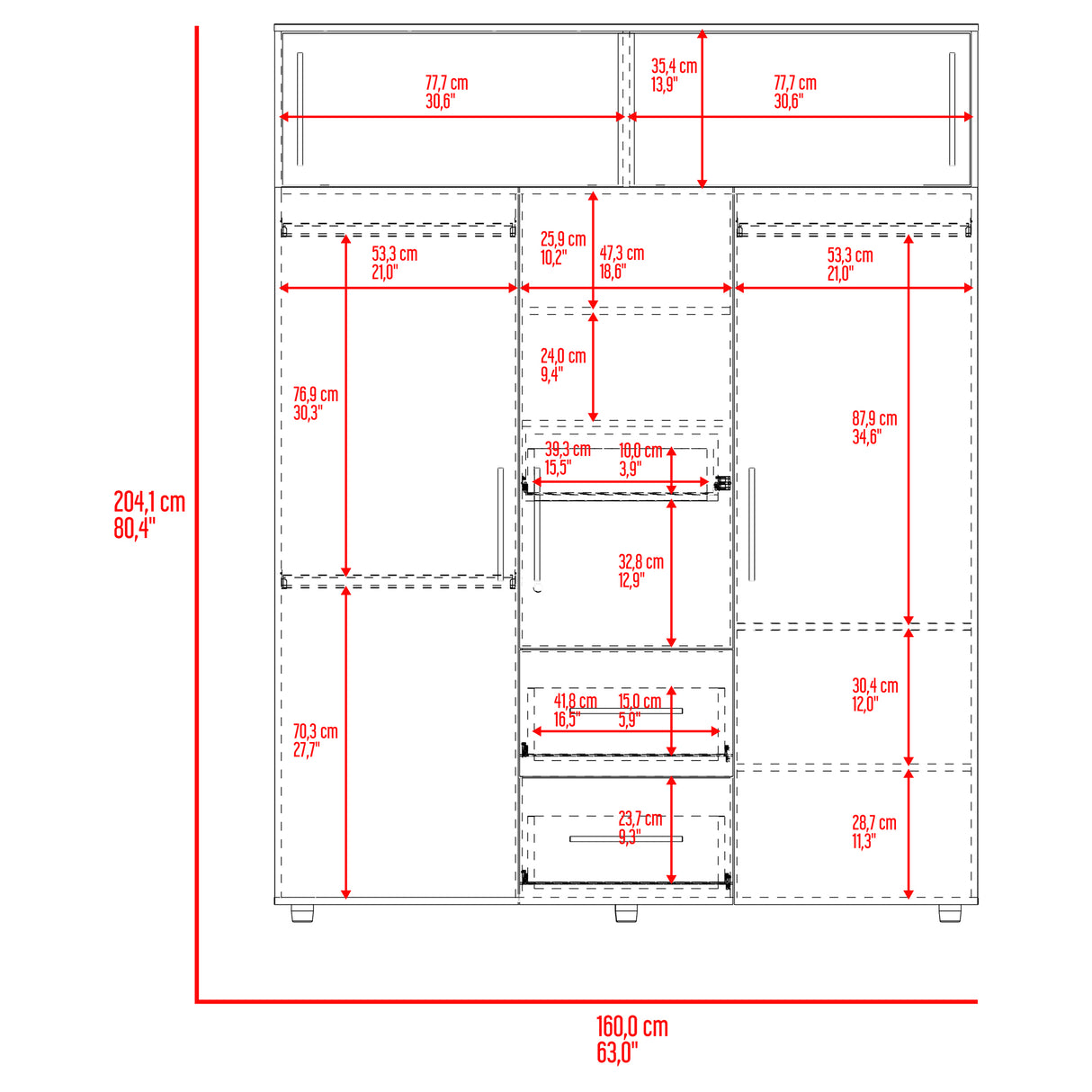 Closet Bigaf Bardolino y Blanco 160x204cm Con Tres Cajones y Cuatro Entrepaños - CLOSETS | Bylmo