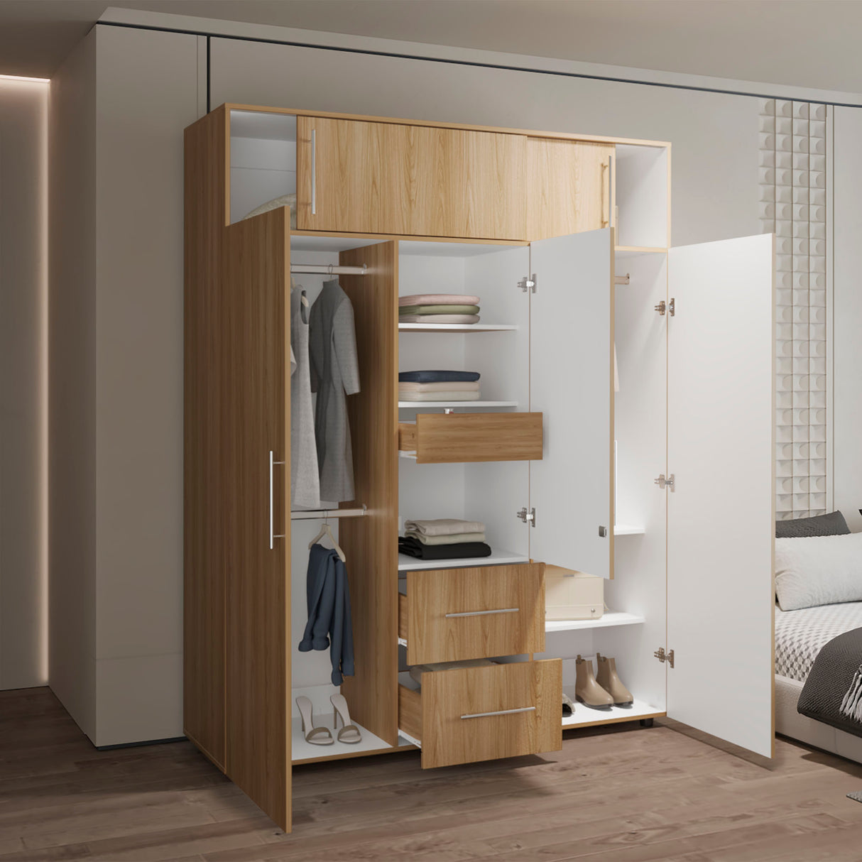 Closet Bigaf Fresno Europeo y Blanco 160x204cm Con Tres Cajones y Cuatro Entrepaños - CLOSETS | Bylmo