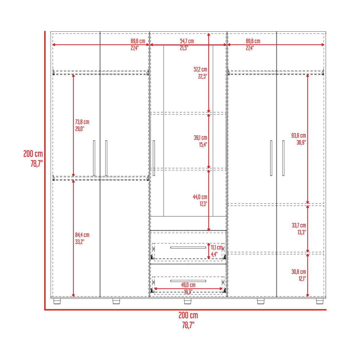 Closet Bigaf Milan y Wengue 230x200cm Con Dos Cajones y Cuatro Entrepaños y Espejo - CLOSETS | Bylmo