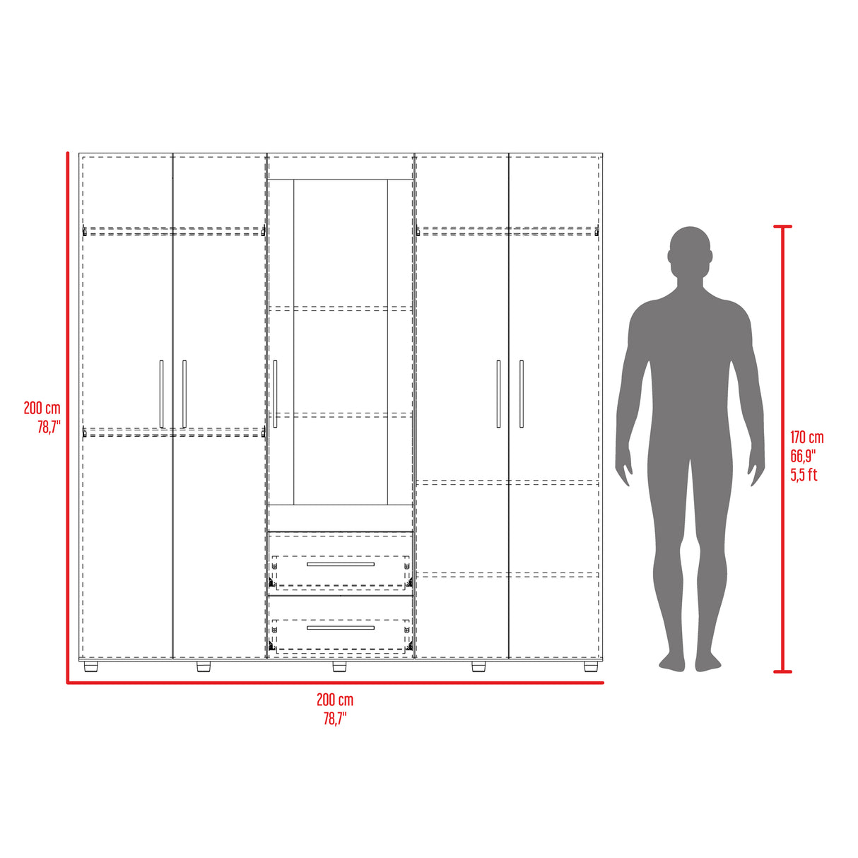 Closet Bigaf Milan y Wengue 230x200cm Con Dos Cajones y Cuatro Entrepaños y Espejo - CLOSETS | Bylmo