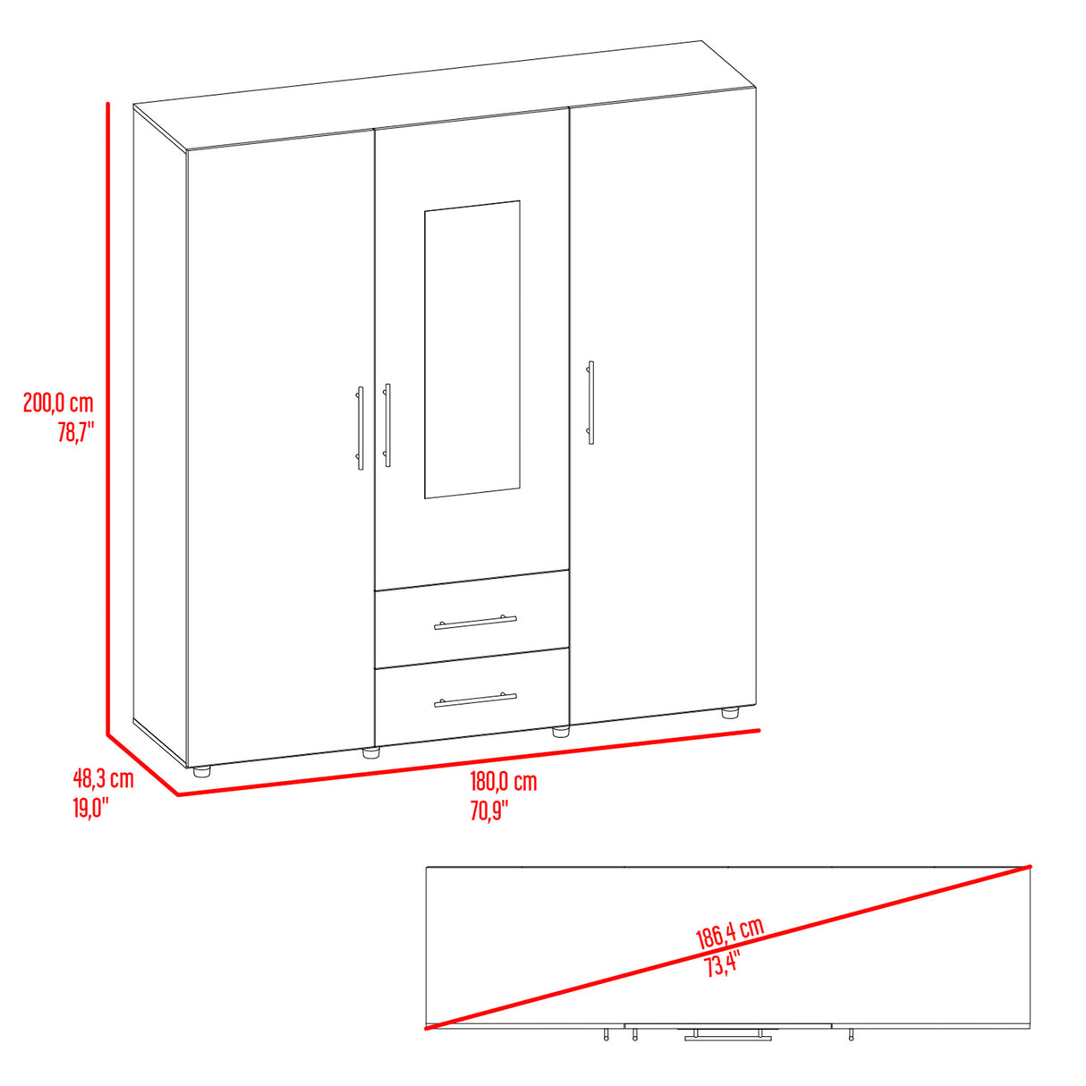 Closet Grayson Bardolino y Blanco 180x200cm Con Dos Cajones y Tres Entrepaños y Espejo - CLOSETS | Bylmo