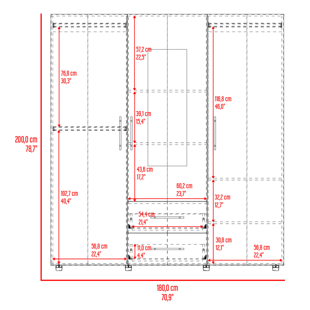 Closet Grayson Fresno Europeo y Wengue 180x200cm Con Dos Cajones y Tres Entrepaños y Espejo - CLOSETS | Bylmo