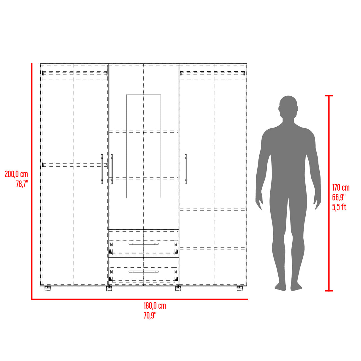 Closet Grayson Fresno Europeo y Wengue 180x200cm Con Dos Cajones y Tres Entrepaños y Espejo - CLOSETS | Bylmo