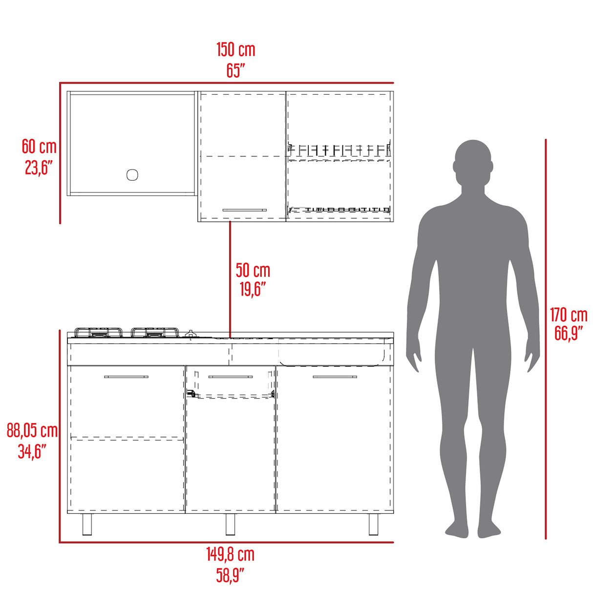 Cocina Miro Eco Duna y Blanco 150x60cm Con Mesón Estufa y Pozuelo Perforacion Derecha - COCINAS | Bylmo