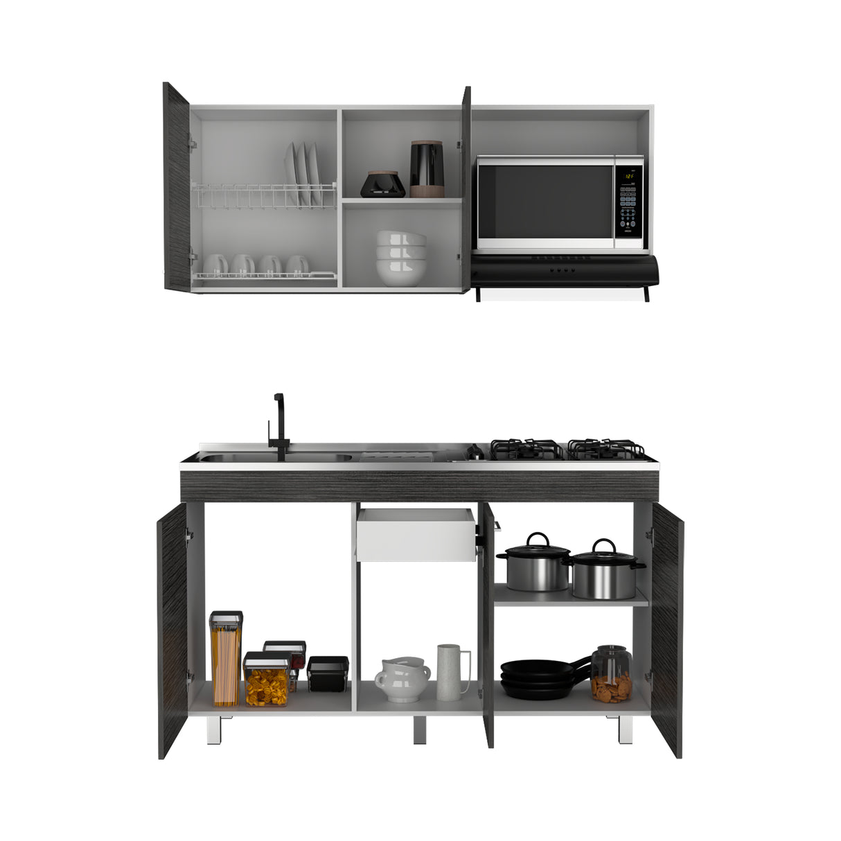 Cocina Miro Ceniza y Blanco 150x60cm Con Mesón Estufa y Pozuelo Perforacion Izquierda - COCINAS | Bylmo