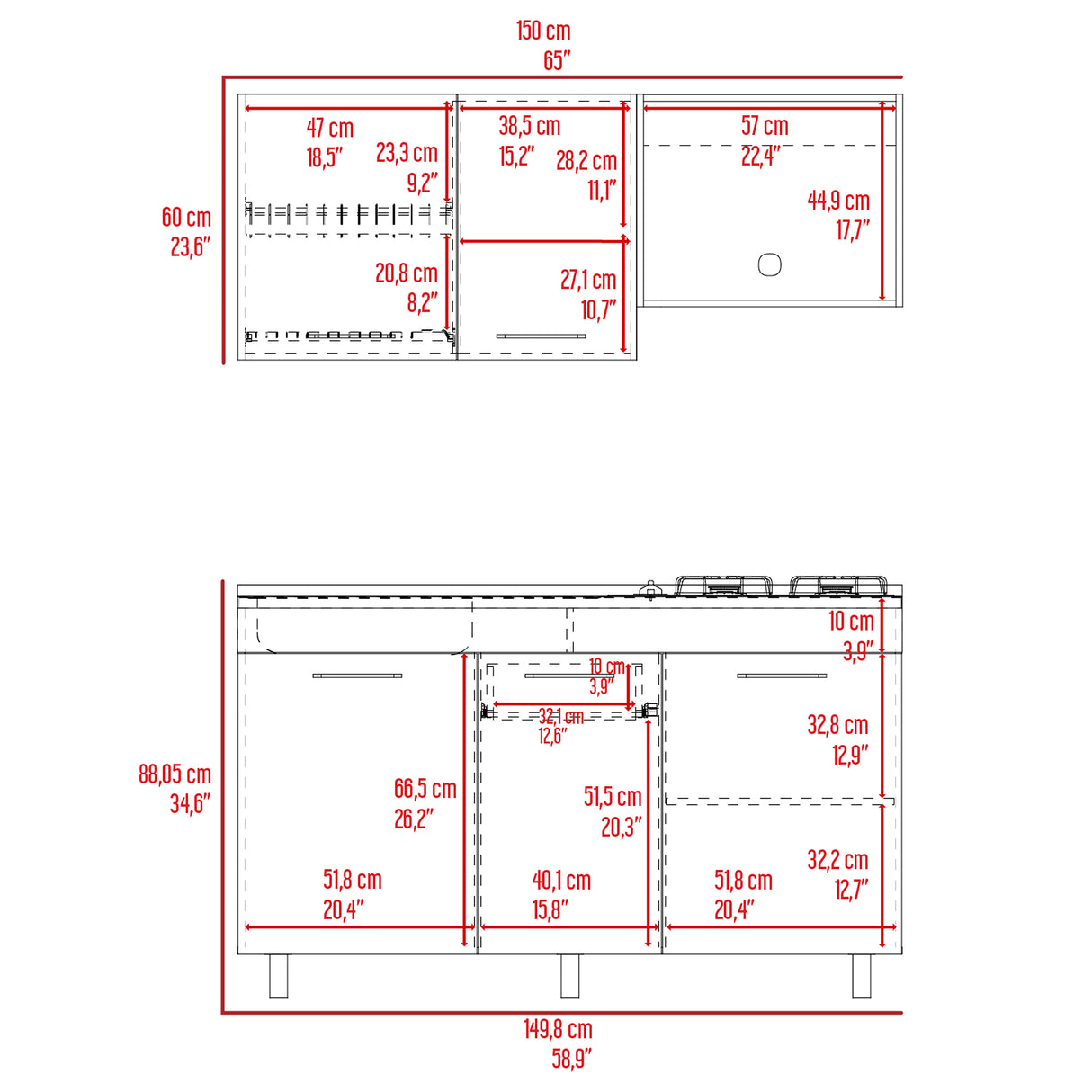 Cocina Miro Ceniza y Blanco 150x60cm Con Mesón Estufa y Pozuelo Perforacion Izquierda - COCINAS | Bylmo