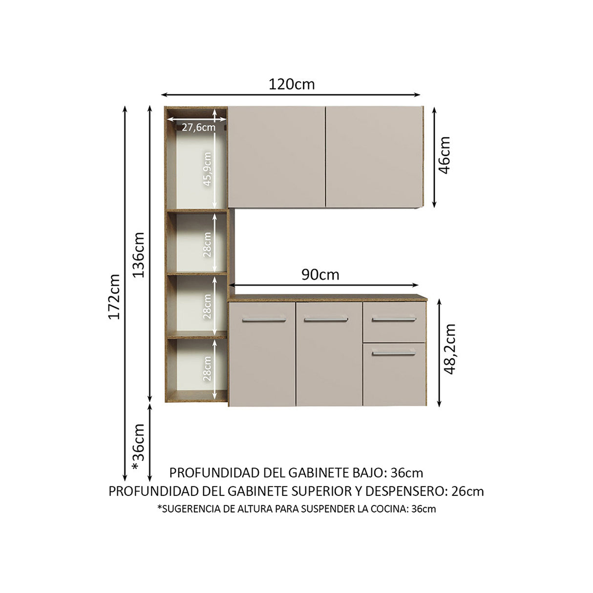 Cocina Easy Marron y Crema 120x136cm con Mesón y sin Pozuelo - COCINAS | Bylmo