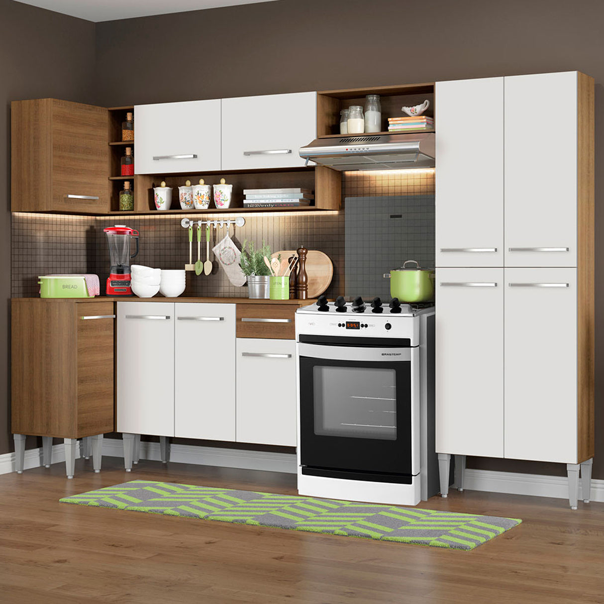 Cocina Integral Emilly Sun Blanco y Marron 353x186cm con Mesón y sin Pozuelo - COCINAS | Bylmo