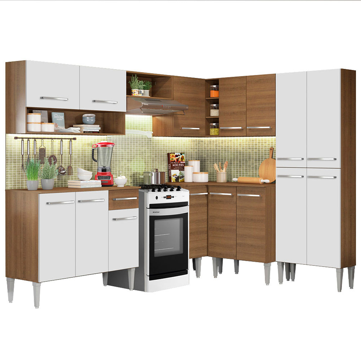 Cocina Integral Emilly Ice Blanco y Marron 417x186cm con Mesón y sin Pozuelo - COCINAS | Bylmo