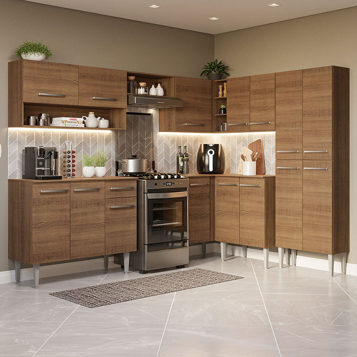 Cocina Integral Emilly Marron 417x186cm con Mesón y sin Pozuelo - COCINAS | Bylmo