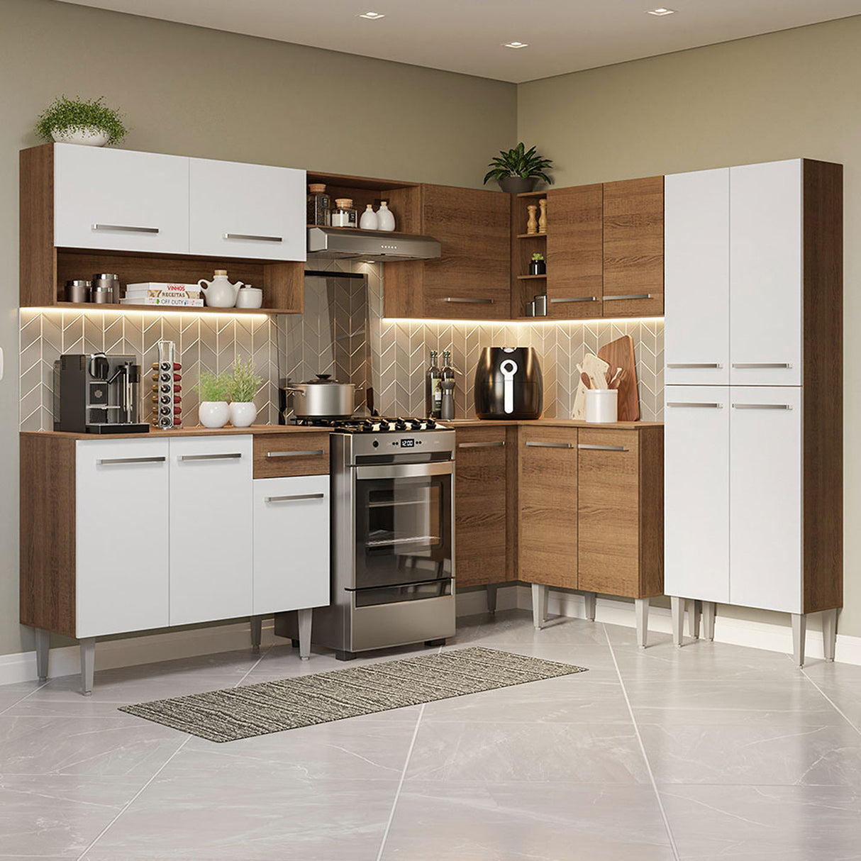 Cocina Integral Emilly Marron 417x186cm con Mesón sin Pozuelo y Un Cajón - COCINAS | Bylmo