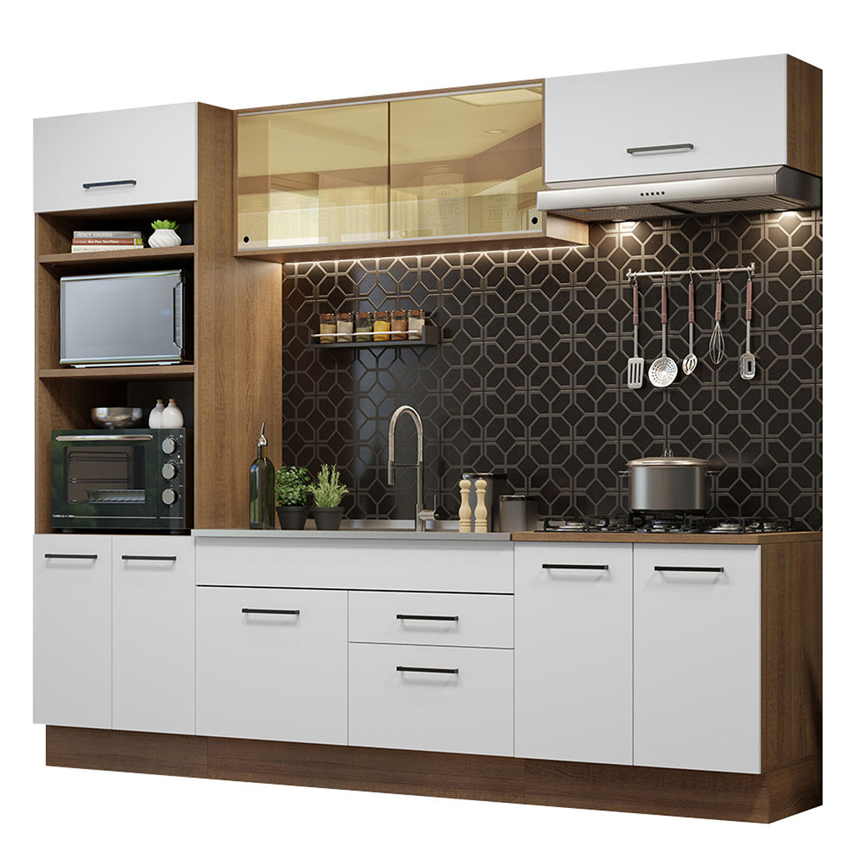 Cocina Integral Agata Marron y Blanco 270x225cm con Mesón sin Pozuelo y Dos Cajones - COCINAS | Bylmo