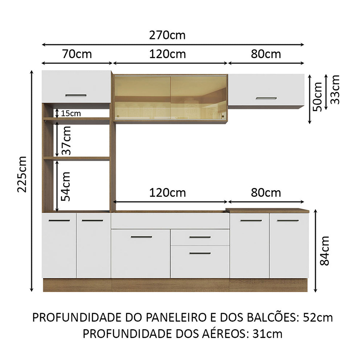 Cocina Integral Agata Marron y Blanco 270x225cm con Mesón sin Pozuelo y Dos Cajones - COCINAS | Bylmo