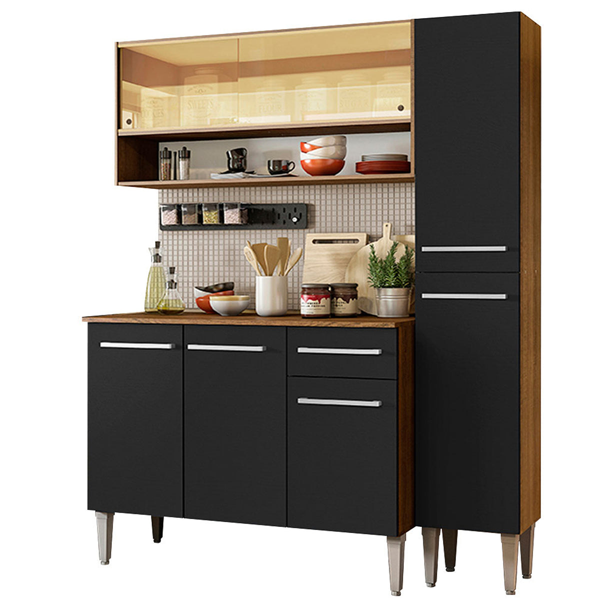 Cocina Integral Emilly Art Marron y Negro 137x186cm con Mesón y sin Pozuelo - COCINAS | Bylmo