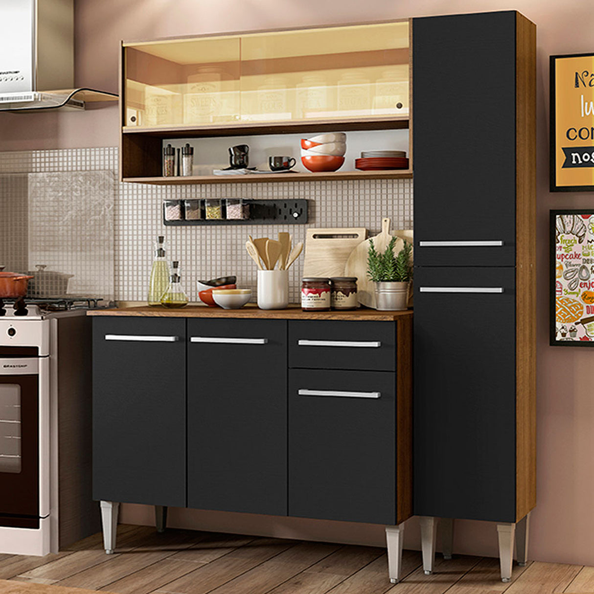 Cocina Integral Emilly Art Marron y Negro 137x186cm con Mesón y sin Pozuelo - COCINAS | Bylmo