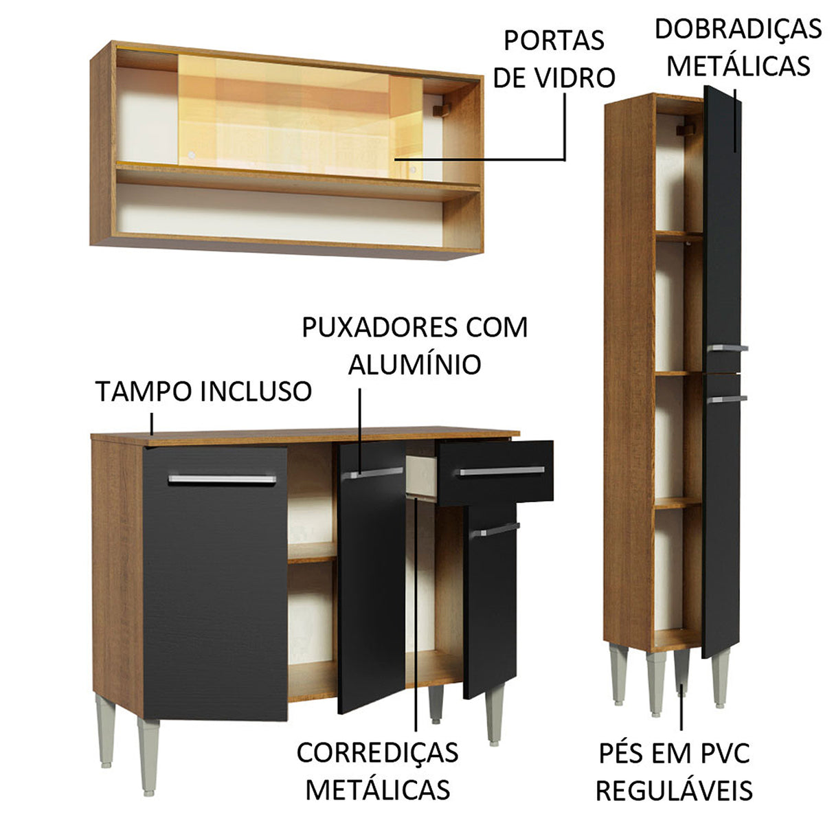 Cocina Integral Emilly Art Marron y Negro 137x186cm con Mesón y sin Pozuelo - COCINAS | Bylmo