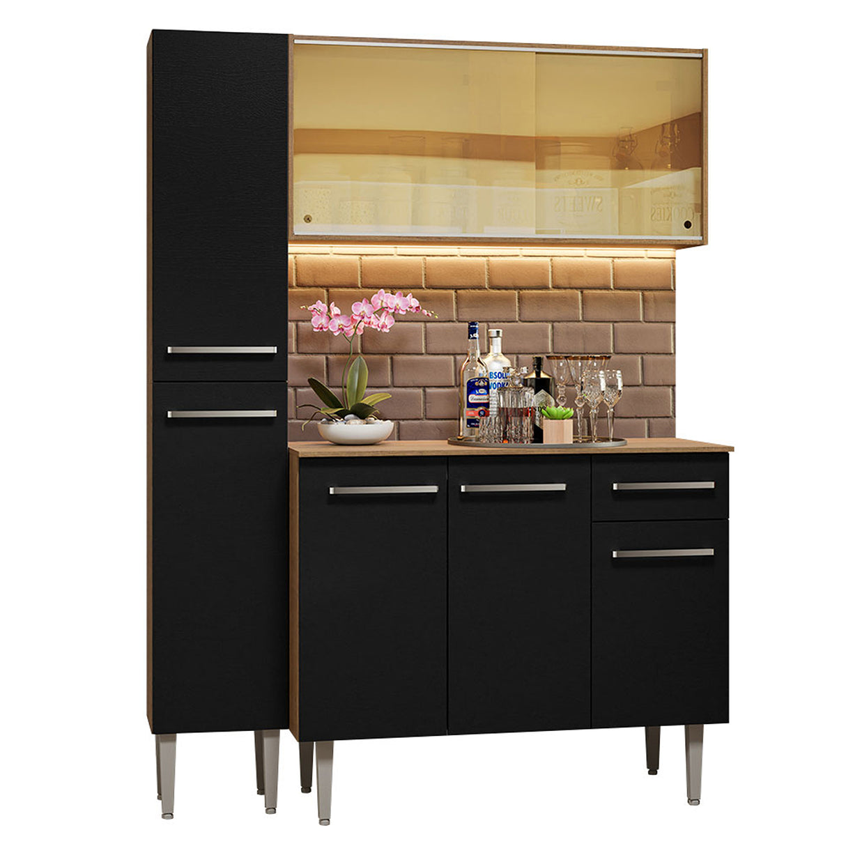 Cocina Integral Emilly Marron y Negro 137x186cm con Mesón de Madera y sin Pozuelo - COCINAS | Bylmo
