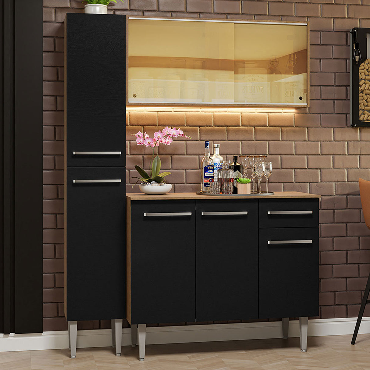Cocina Integral Emilly Marron y Negro 137x186cm con Mesón de Madera y sin Pozuelo - COCINAS | Bylmo