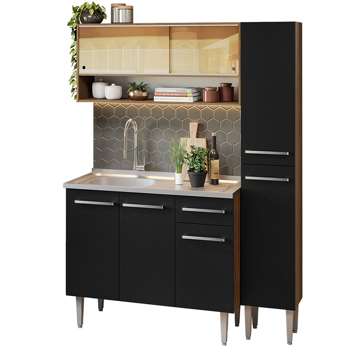 Cocina Integral Emilly Marron y Negro 137x186cm con Mesón y sin Pozuelo - COCINAS | Bylmo