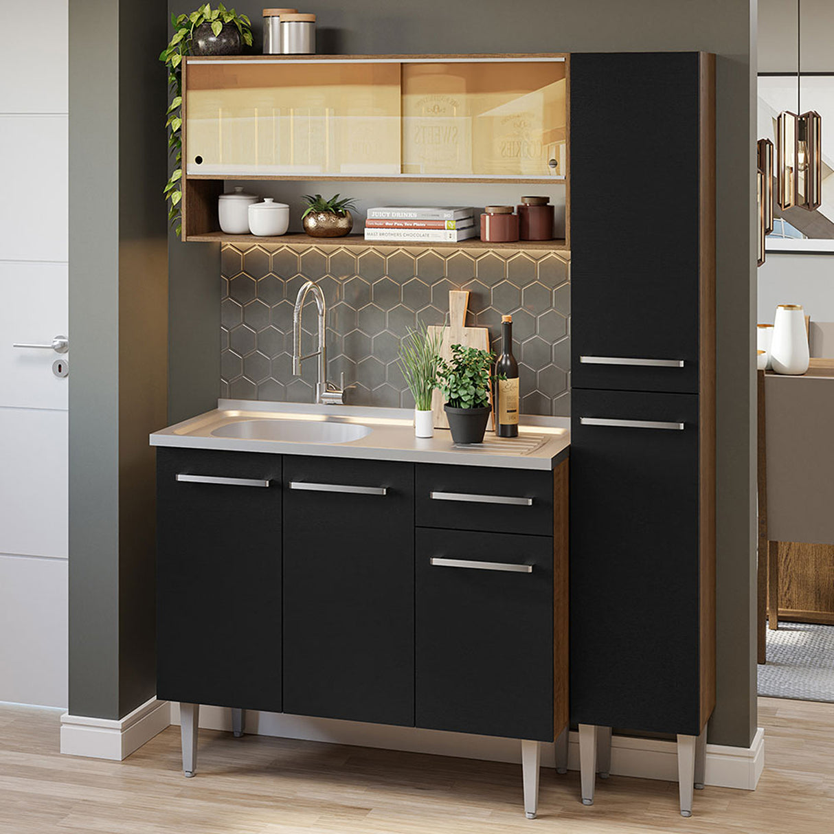 Cocina Integral Emilly Marron y Negro 137x186cm con Mesón y sin Pozuelo - COCINAS | Bylmo