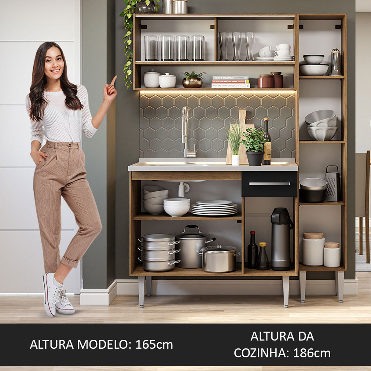 Cocina Integral Emilly Marron y Negro 137x186cm con Mesón y sin Pozuelo - COCINAS | Bylmo