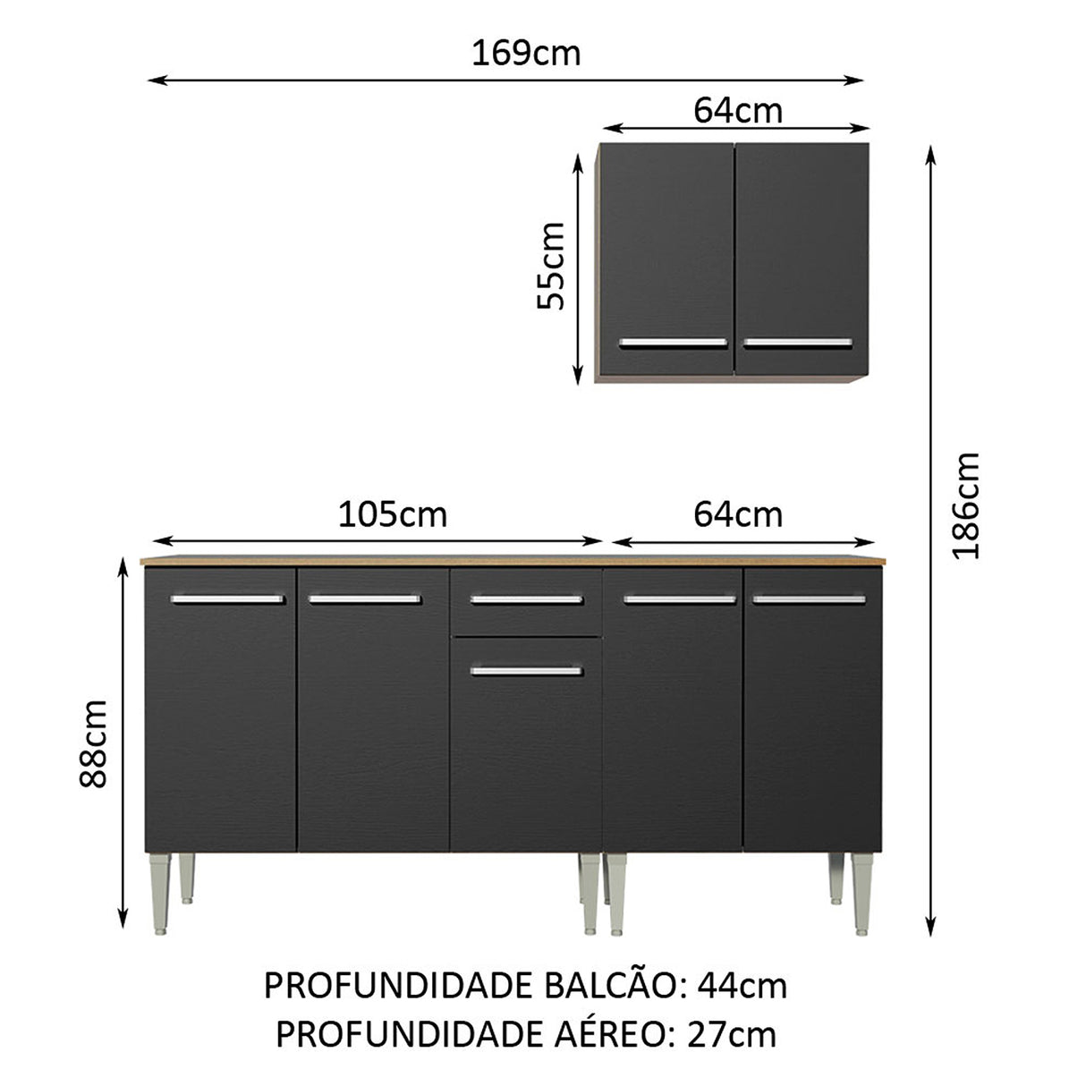 Cocina Integral Emilly Free Marron y Negro 169x186cm con Mesón de Madera - COCINAS | Bylmo