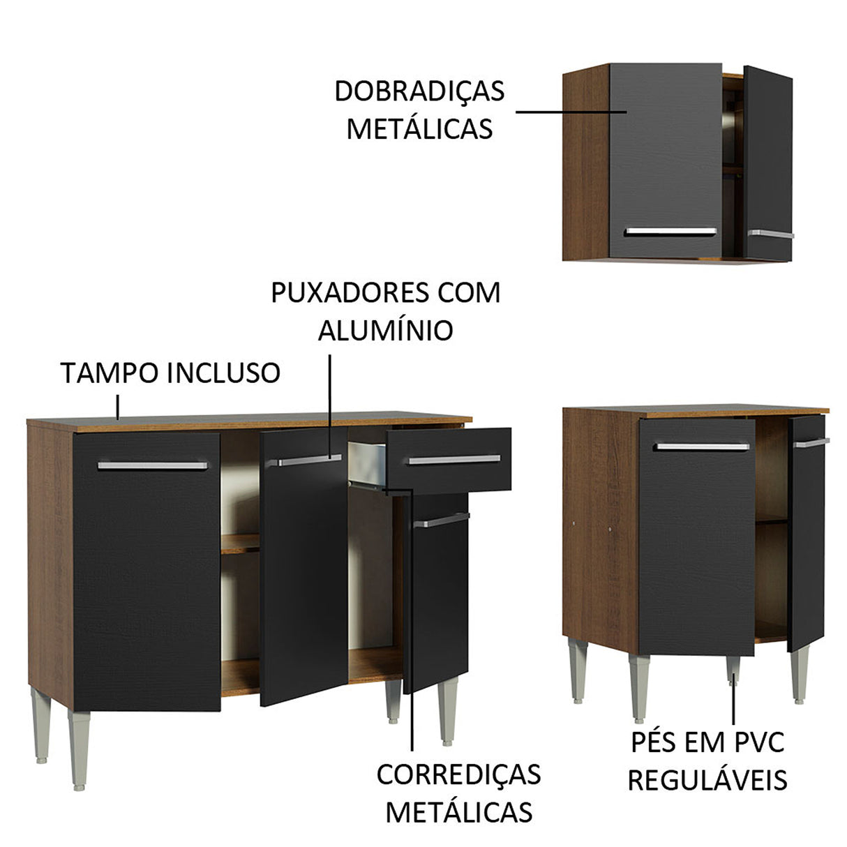 Cocina Integral Emilly Free Marron y Negro 169x186cm con Mesón de Madera - COCINAS | Bylmo