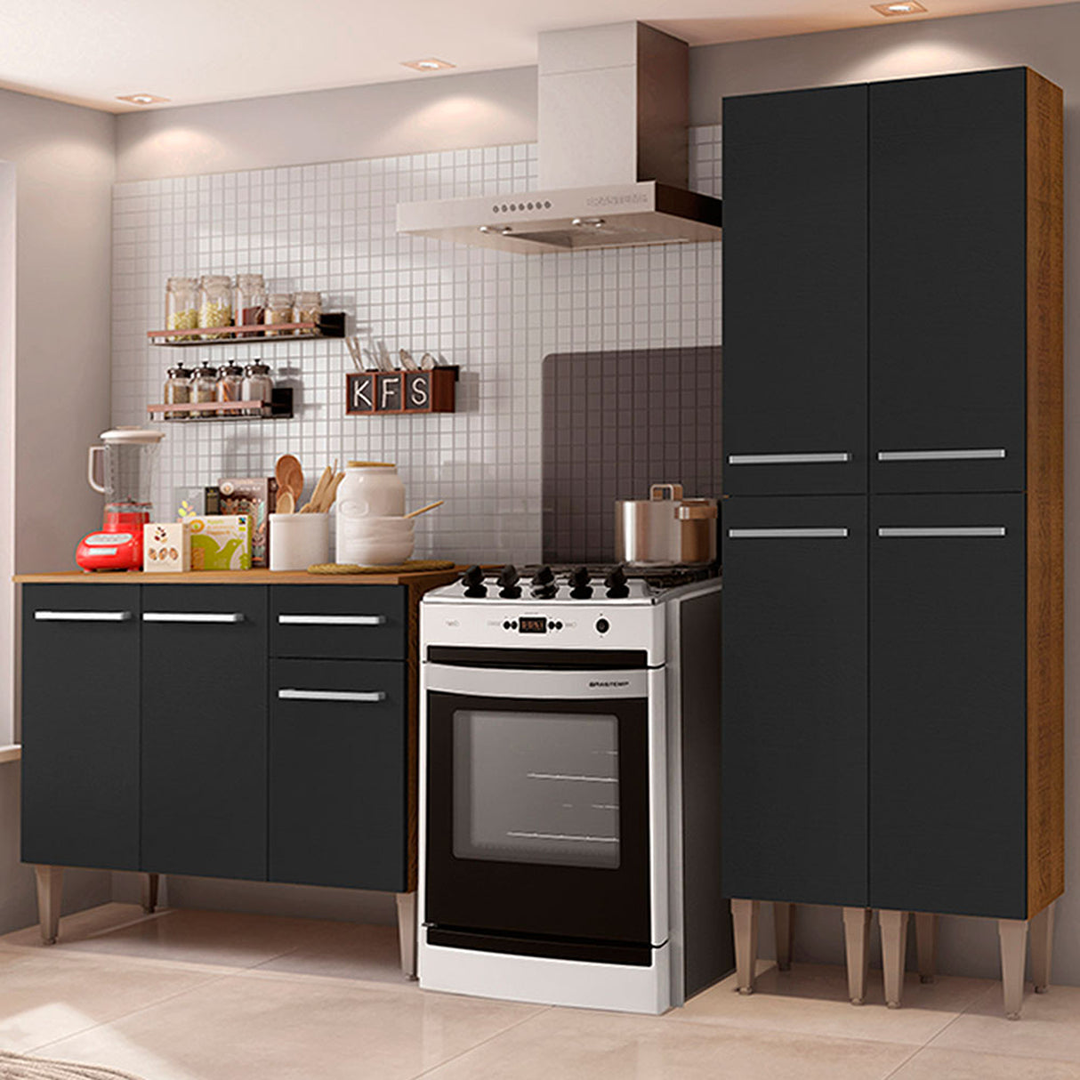 Cocina Integral Emilly Front Marron y Negro 169x186cm con Mesón y sin Pozuelo - COCINAS | Bylmo